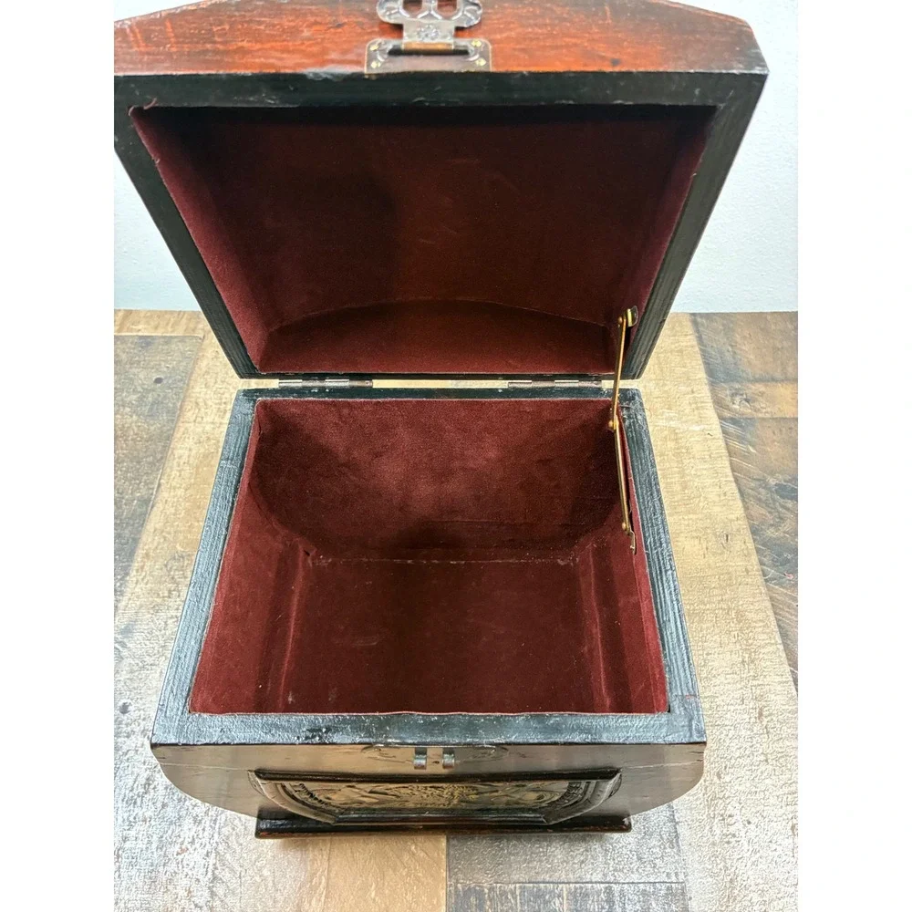 Vintage Wooden Treasure Chest Jewelry Box Cherub Relief Brown Gold Small Trunk